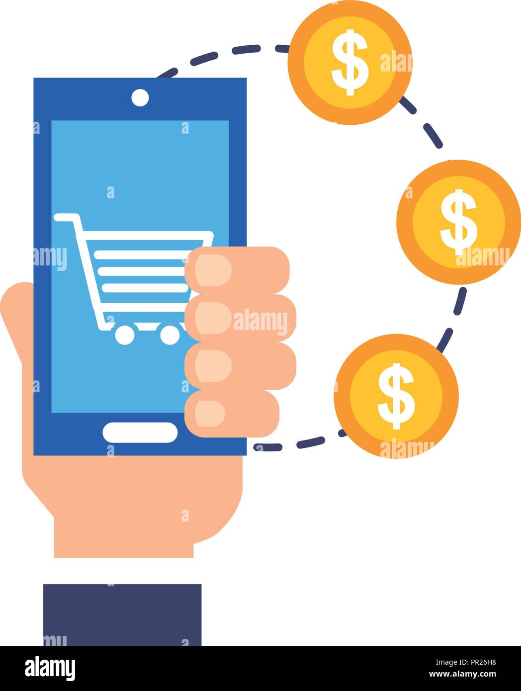 hand holding smartphone coins money dollar online shopping vector ...