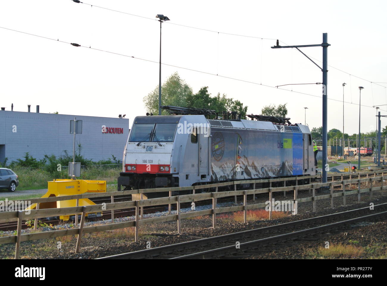 TRAXX F140 MS electric locomotive in the colors of BLS Cargo in a siding in Venlo, Holland. Stock Photo