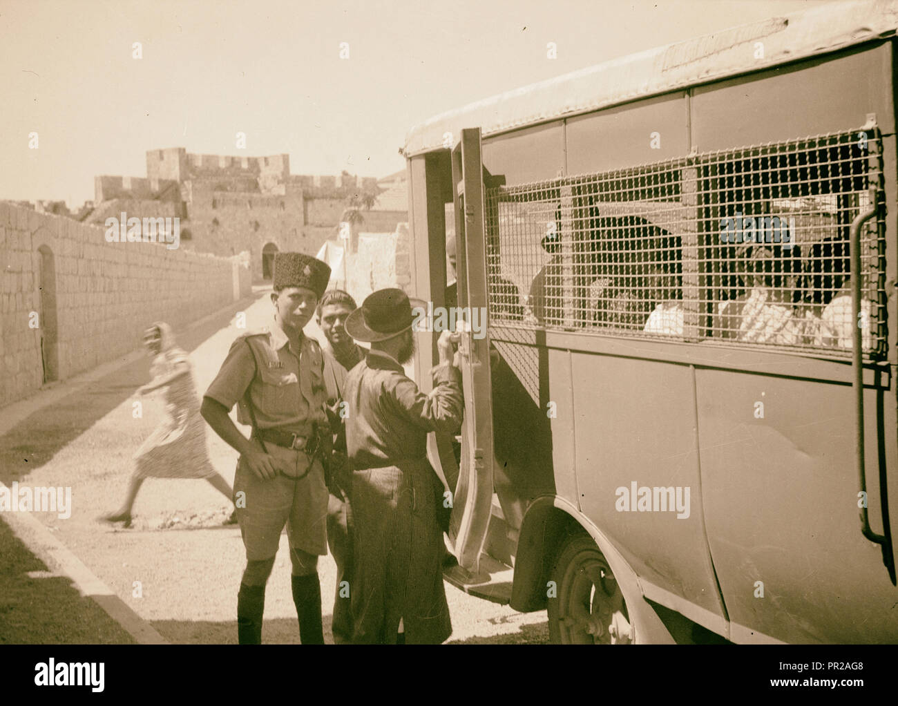 Caged-in Jerusalem bus 1938, Jerusalem, Israel Stock Photo