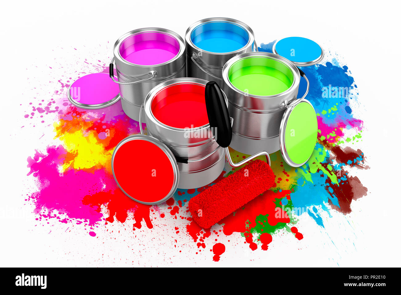 3d render of colorful paint bucket on white background Stock Photo