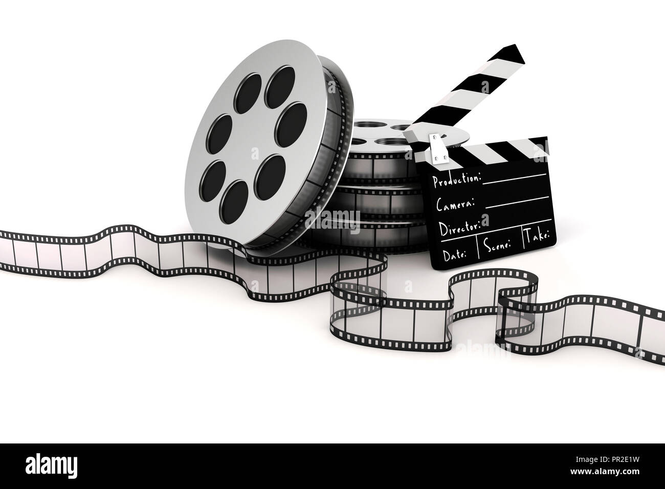 3d clapper board and film roll on white background Stock Photo