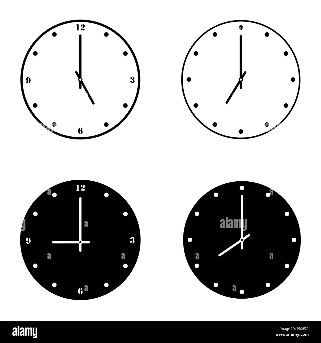 A set of black and white silhouette and contour round clock Stock ...