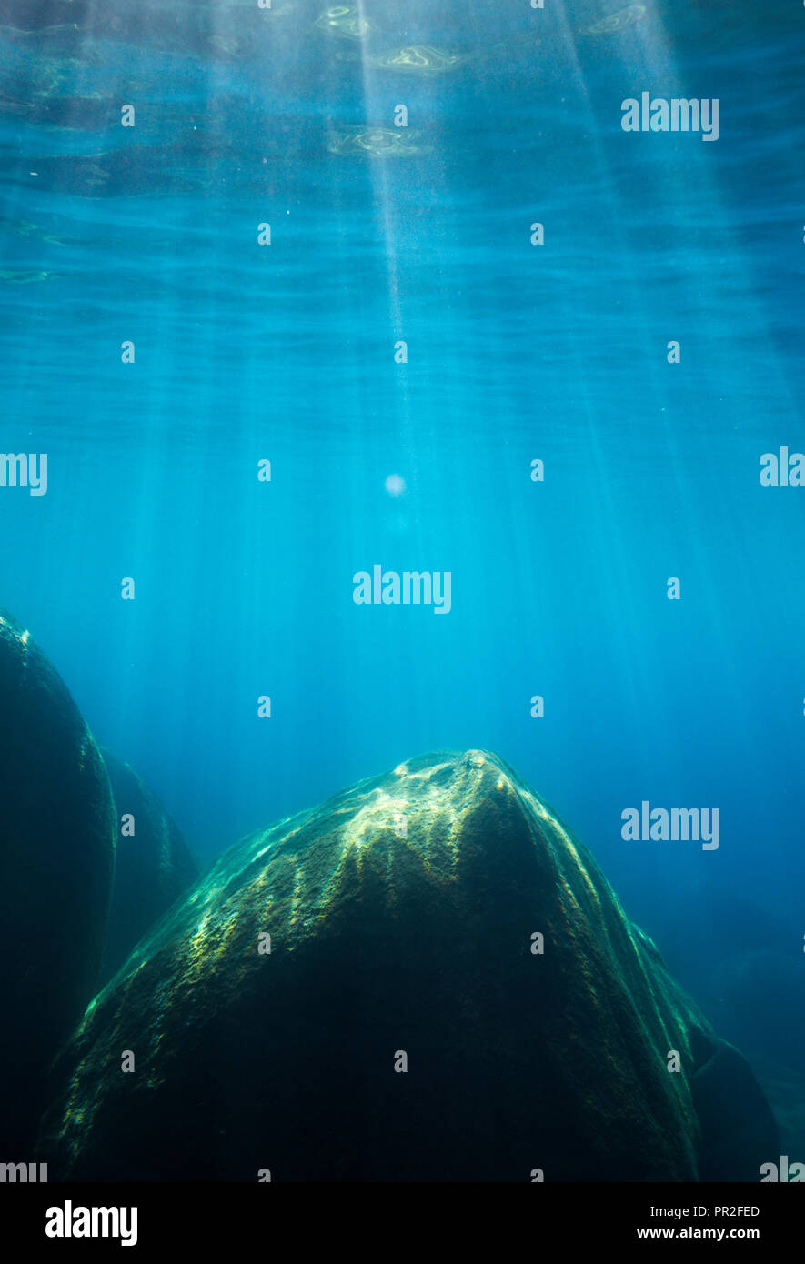 Sand Harbor, Lake Tahoe, underwater boulder landscapes in crystal blue alpine lake at Sand