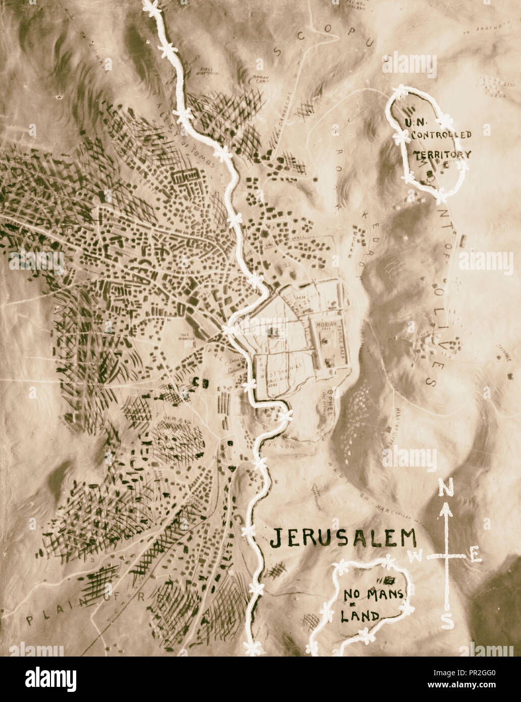 Palestine & 'Israel' subjects of 1953. Relief map of Jerusalem with barbed wire demarcation line