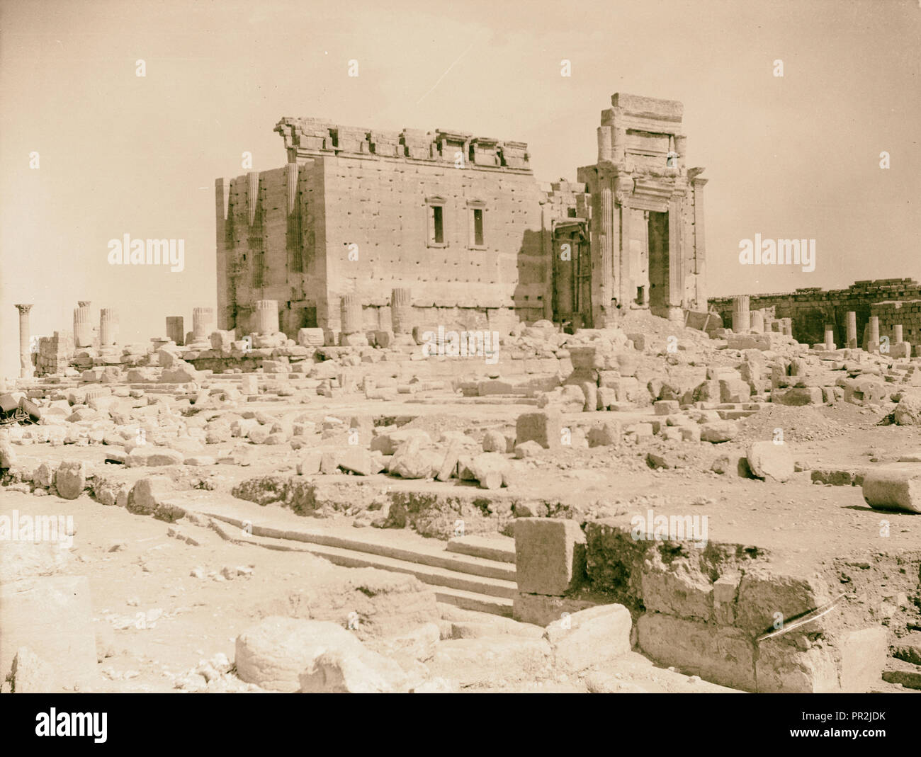 Palmyra. Temple of Baal. Main entrance showing engaged fluted columns. 1920, Syria, Tadmur Stock Photo