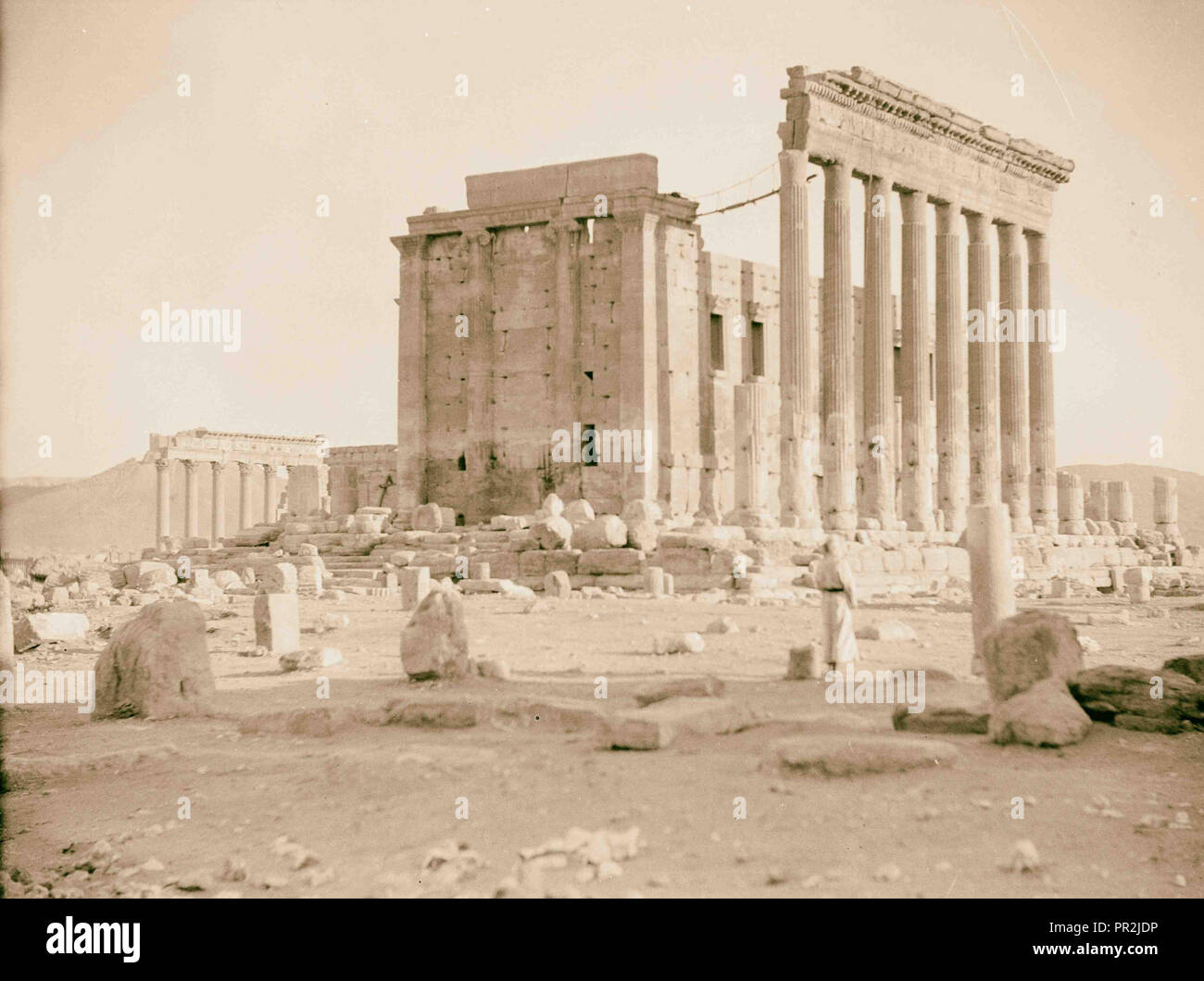 Palmyra. Temple of Baal. Near view showing pillars and the cella wall. 1920, Syria, Tadmur Stock Photo