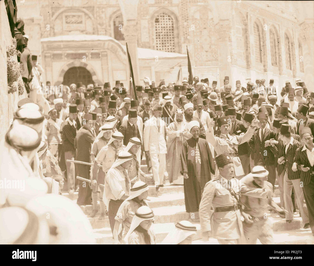King Feisal's last visit to Jerusalem. Late King Feisal of Iraq near the 'Noble Sanctuary.' Acclaimed by crowds, June 8, 1933 Stock Photo