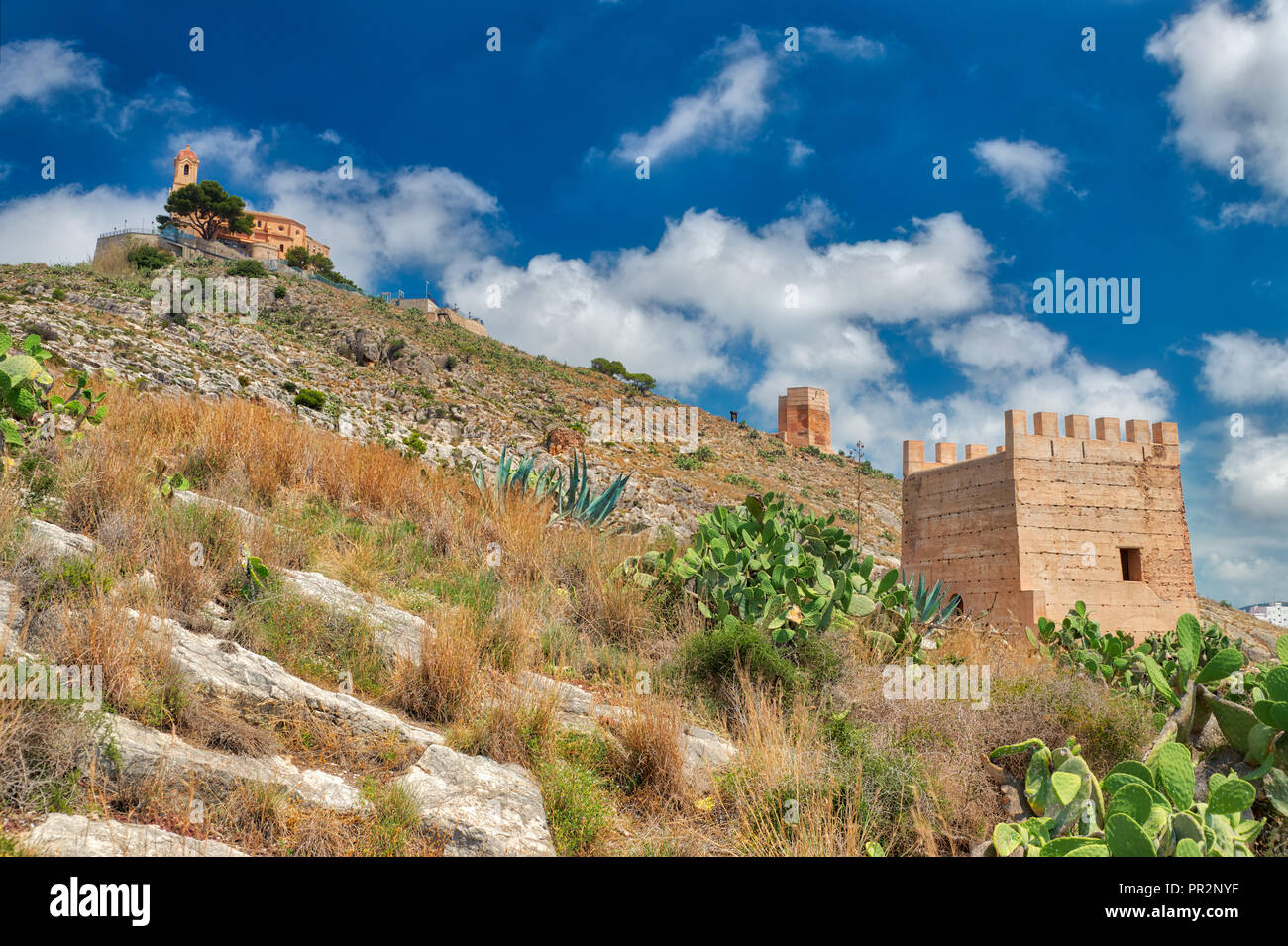 View from the rocky hike up Muntanya de l'Or in Cullera, Spain with green cacti, blue sky, white clouds and the towers and main structure of Cullera C Stock Photo