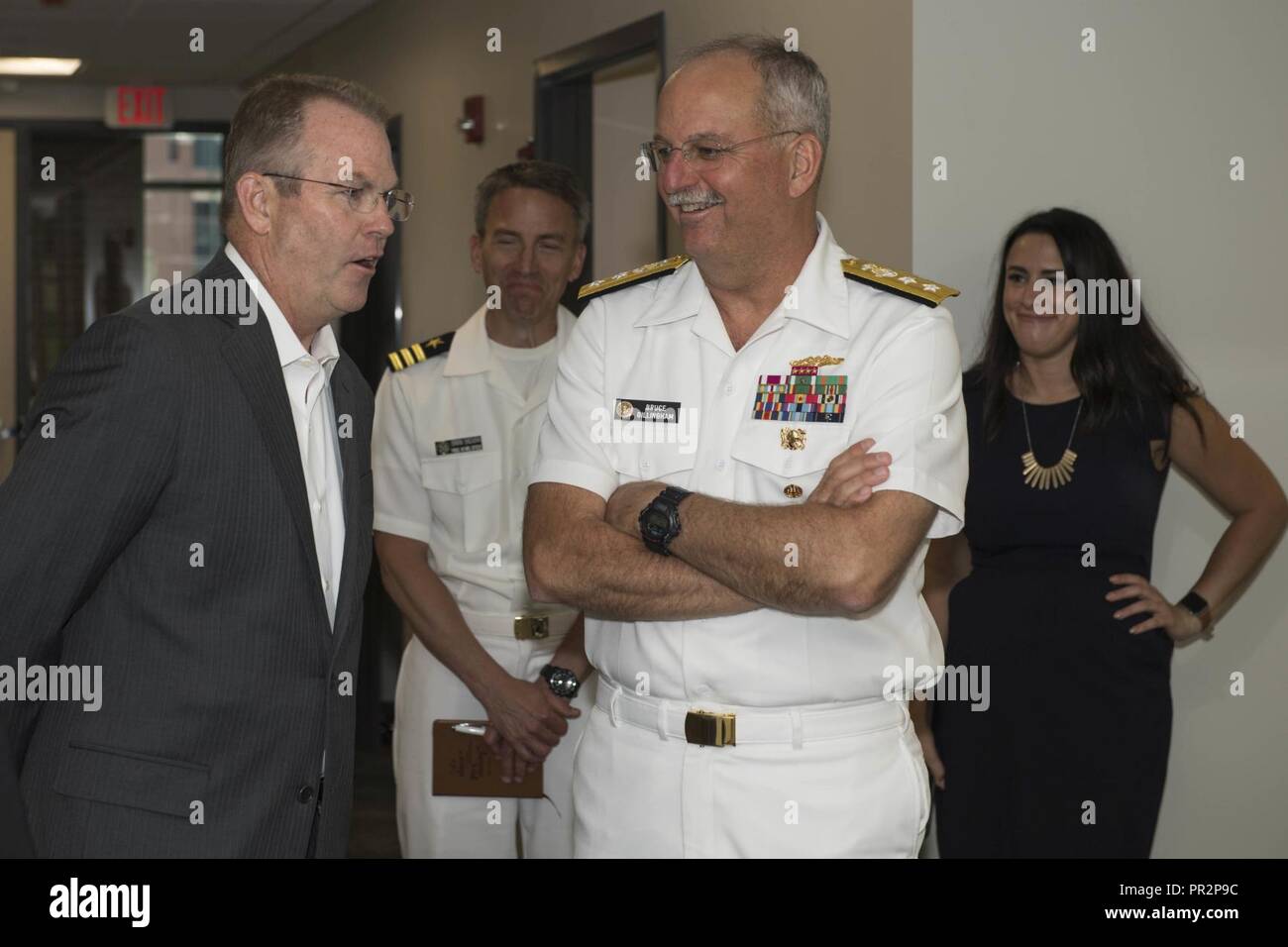 170724-N-CU914-040 GREEN BAY, Wis. (July 24, 2017) – Rear Adm. Bruce L.  Gillingham, Deputy Chief, Bureau of Medicine and Surgery, Readiness &  Health, tours the new facility of Bellin Health with Dr. Patrick McKenzie  Bellin Health orthopedic surgeon