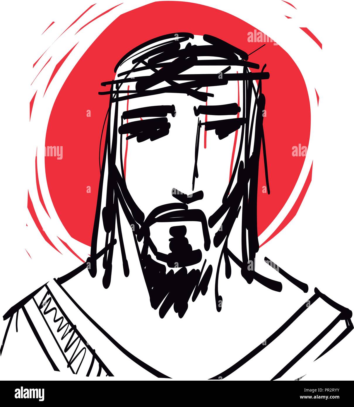Hand drawn vector digital ink illustration or drawing of Jesus Christ Face Stock Vector