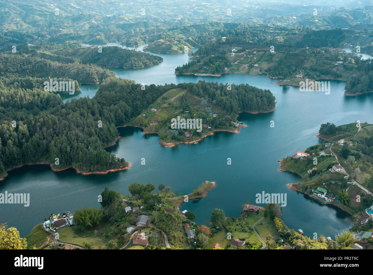 View over the lakes and group of islands from the El Peñol (The Rock of Guatapé). Guatape, Antioquia, Colombia. Sep 2018 Stock Photo