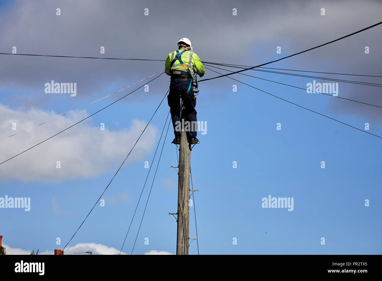 Contractors telecome Engineer from Kelly Communications climbing a telephone pole to fix a telephone line working subcontractor for BT Openreach in Ma Stock Photo