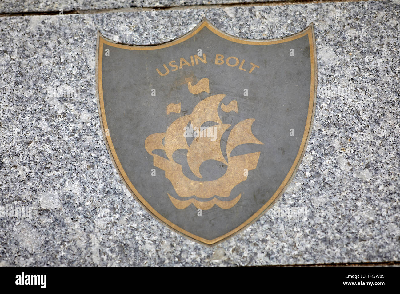 Blue Peter Gold Badge Walk of Fame to mark the show’s 60th anniversary pictured the Usain Bolt badge Stock Photo