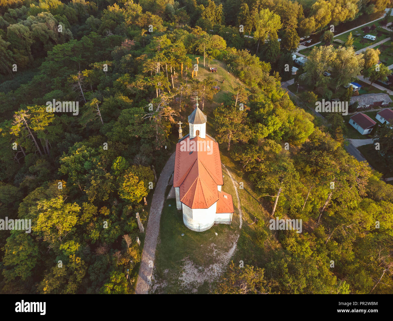 Aerial picture from a small chapel in a Hungarian village Vonyarcvashegy, near the famous lake Balaton Stock Photo