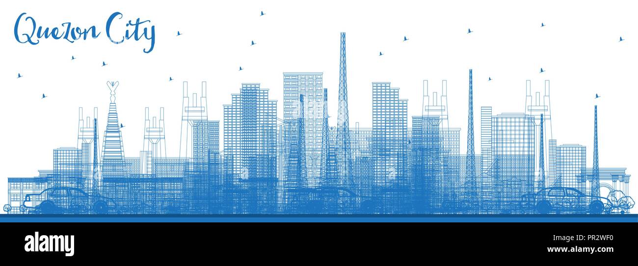 Outline Quezon City Philippines Skyline With Blue Buildings Vector - 