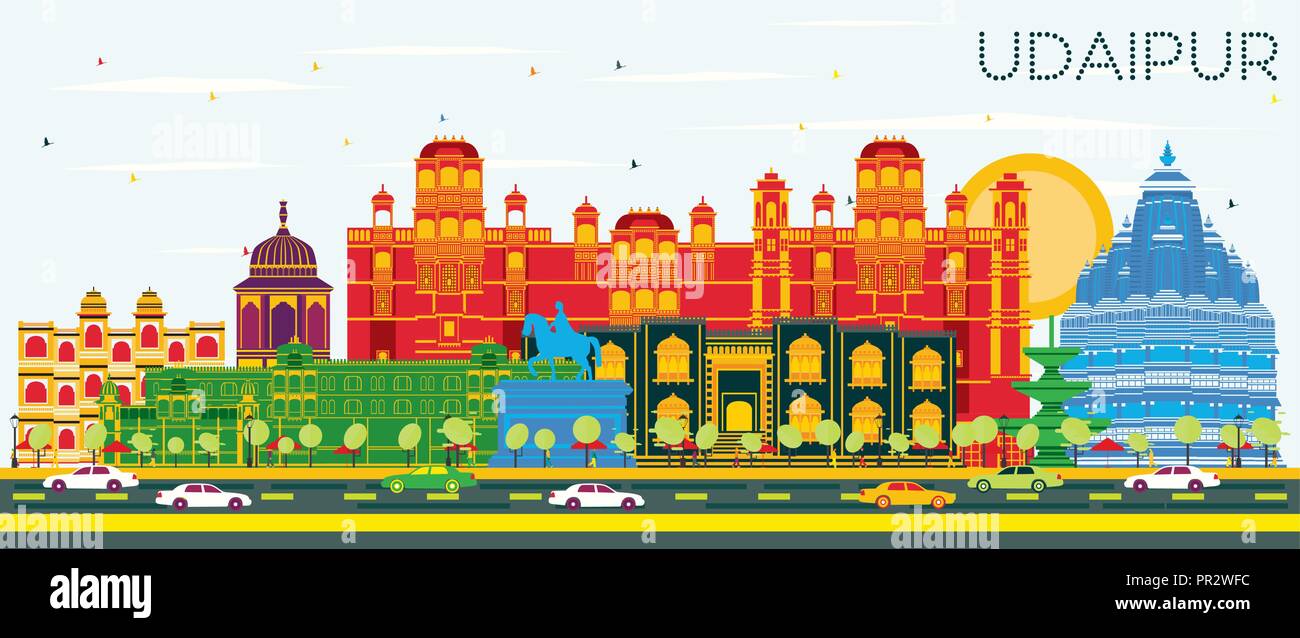 Udaipur India City Skyline with Color Buildings and Blue Sky. Vector Illustration. Business Travel and Tourism Concept with Historic Architecture. Stock Vector