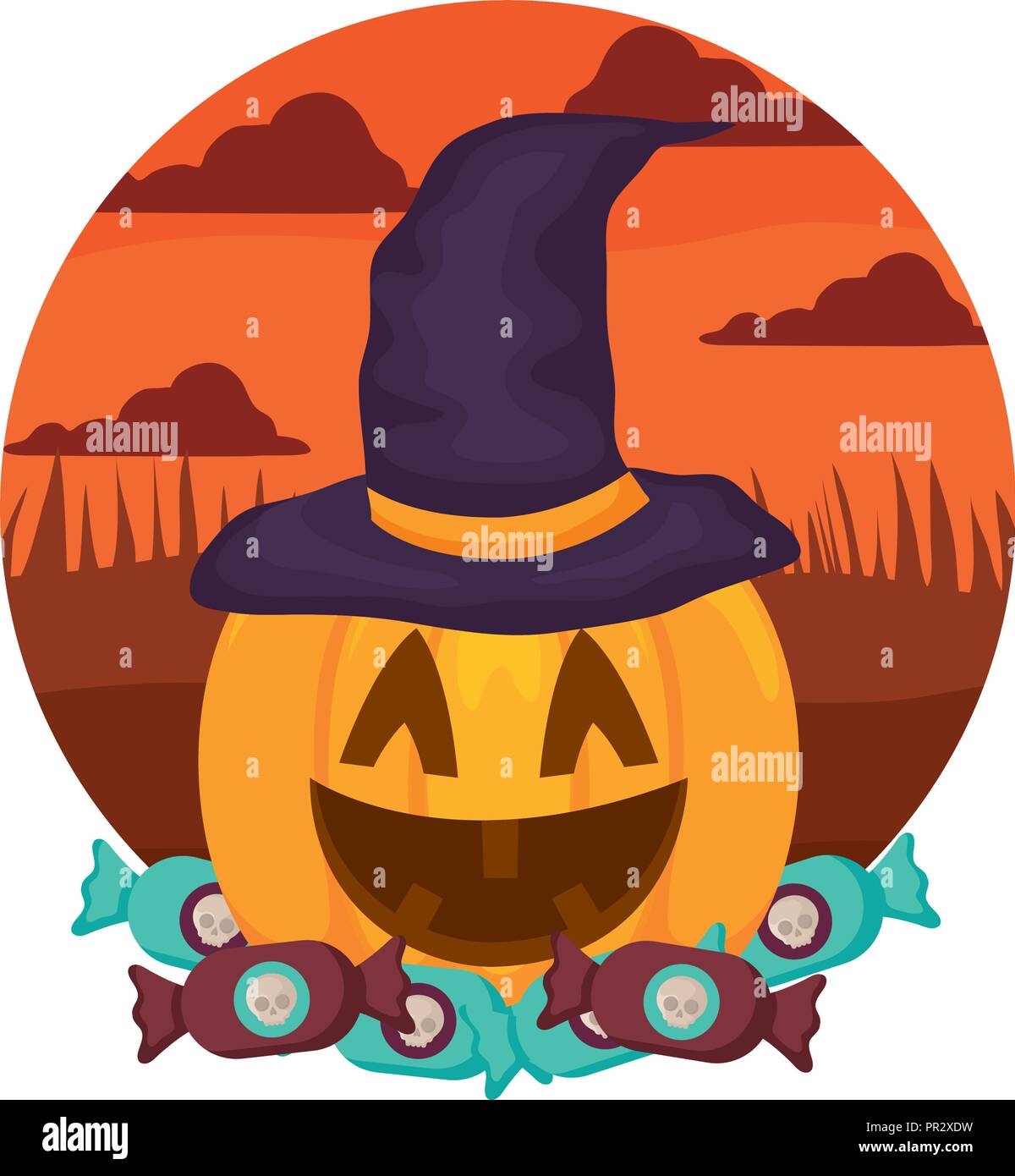 halloween pumpkin with witch hat over white background, vector ...
