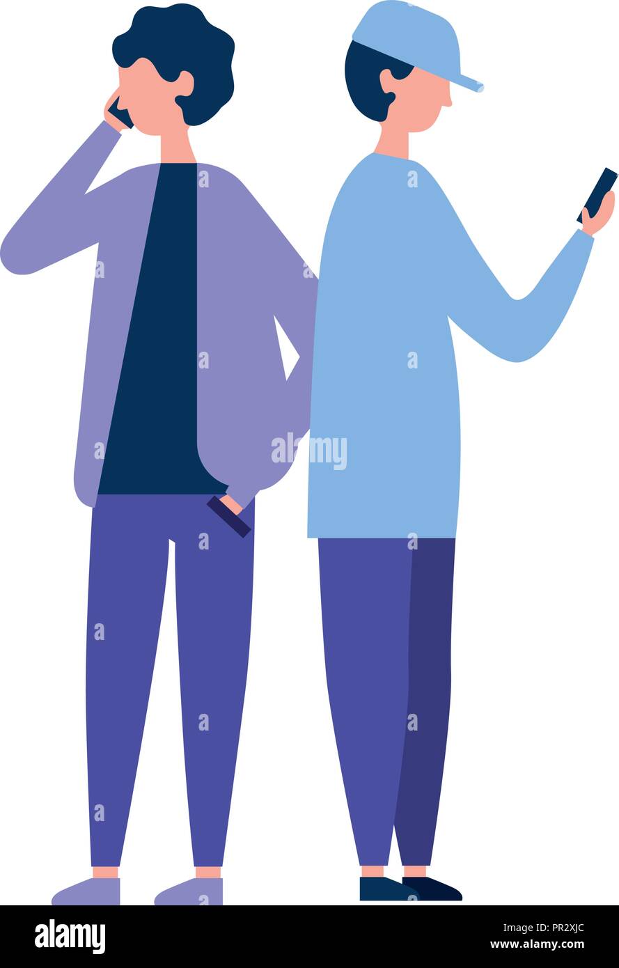 two young man using smartphone technology vector illustration Stock ...