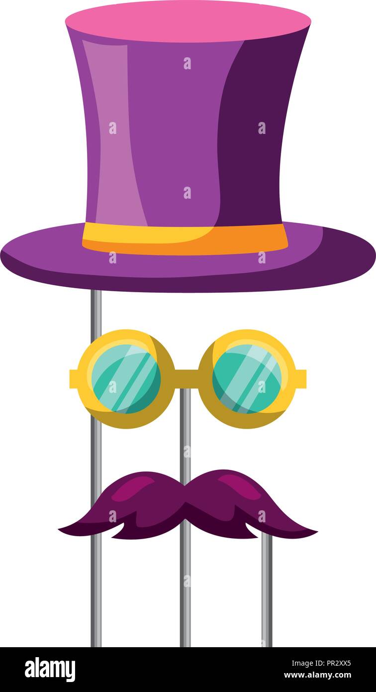 carnival festival top hat mustache and glasses in sticks vector  illustration Stock Vector Image & Art - Alamy