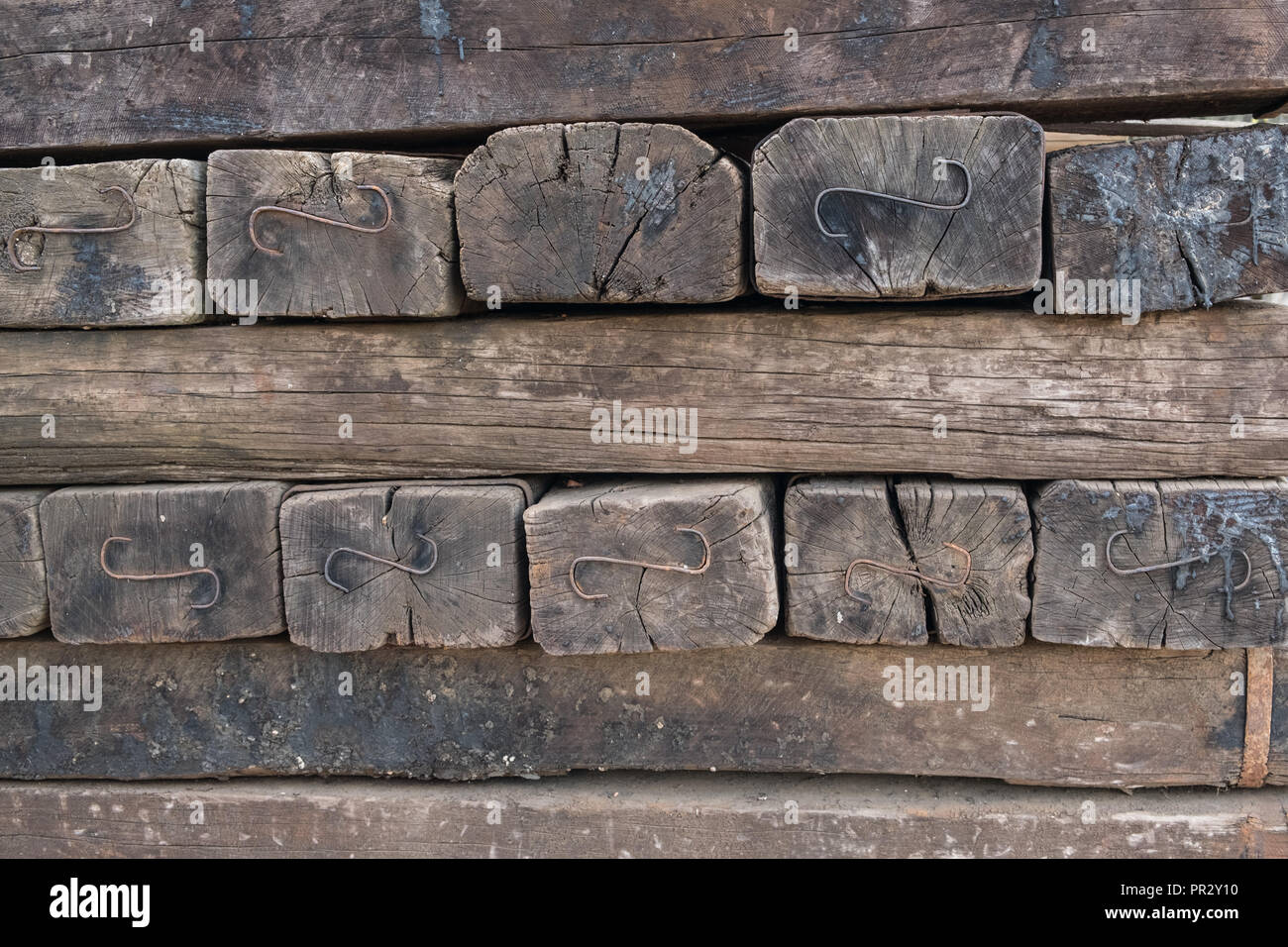 old  railway sleeper wood  - wooden sleepers - Stock Photo