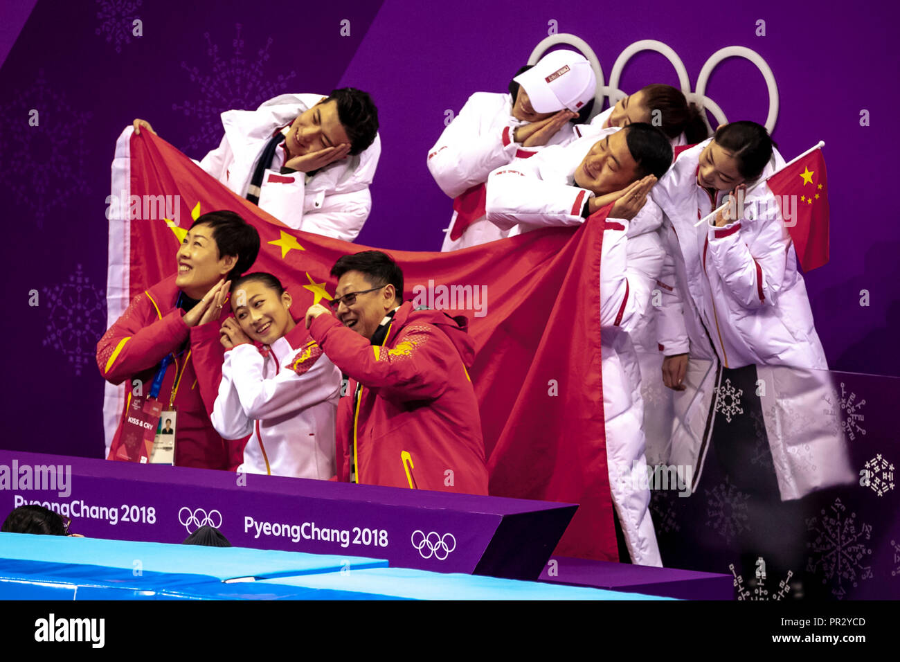 Chinese team celebrating during the Figure Skating Team competition at the Olympic Winter Games PyeongChang 2018 Stock Photo