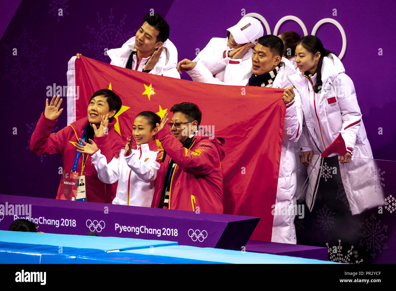 Chinese team celebrating during the Figure Skating Team competition at the Olympic Winter Games PyeongChang 2018 Stock Photo
