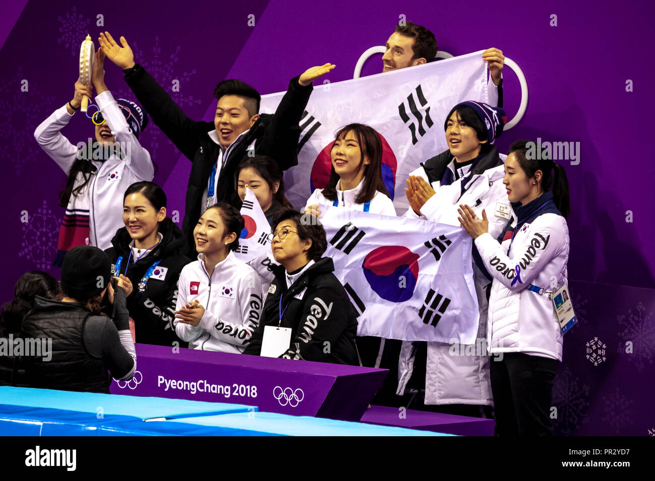 Korean team celebrating during the Figure Skating Team competition at the Olympic Winter Games PyeongChang 2018 Stock Photo