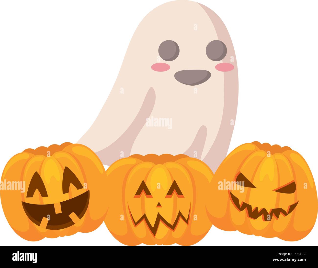halloween pumpkins and ghost over white background, colorful design. vector illustration Stock Vector