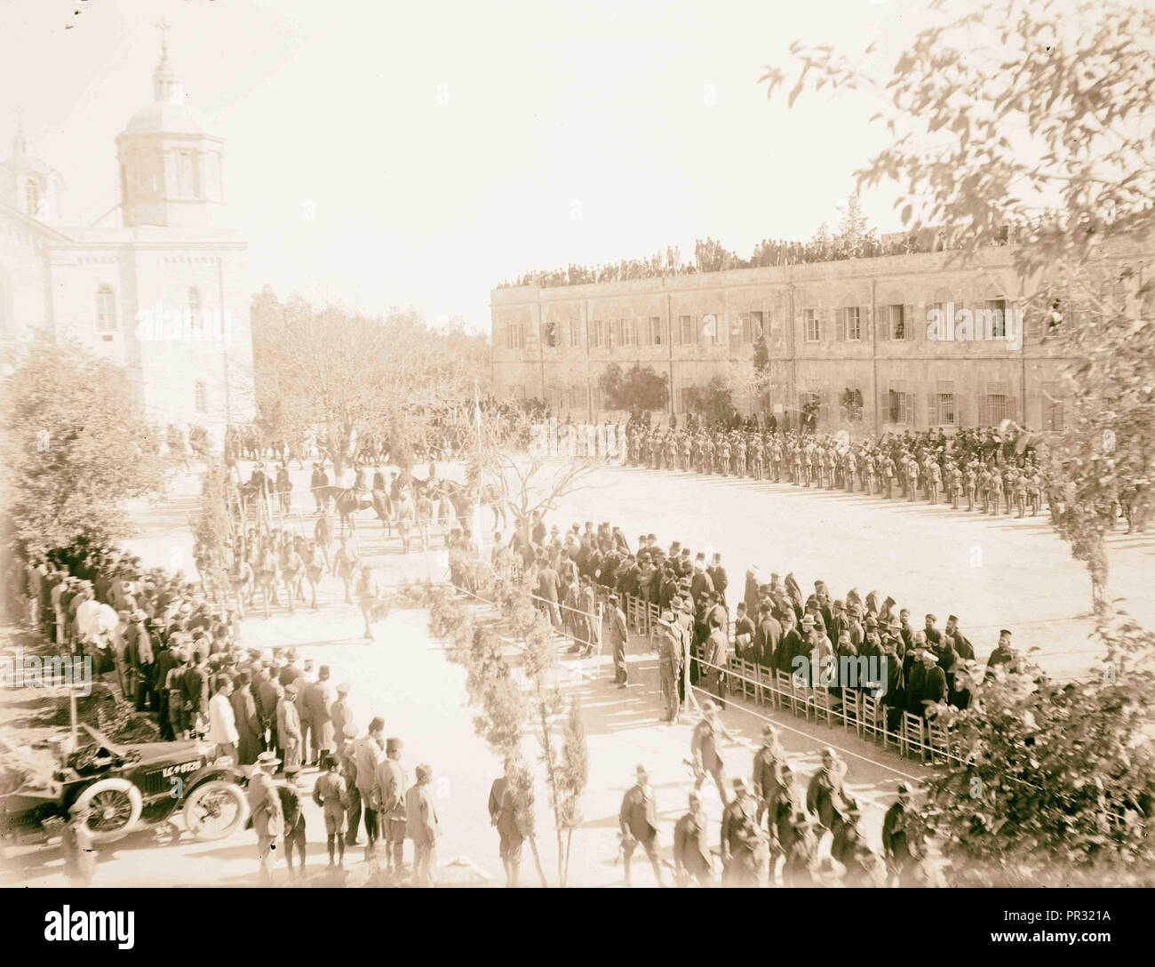 Allenby's official entry with military review at Russian compound. Troops on parade. Car in the procession. 1917, Jerusalem Stock Photo