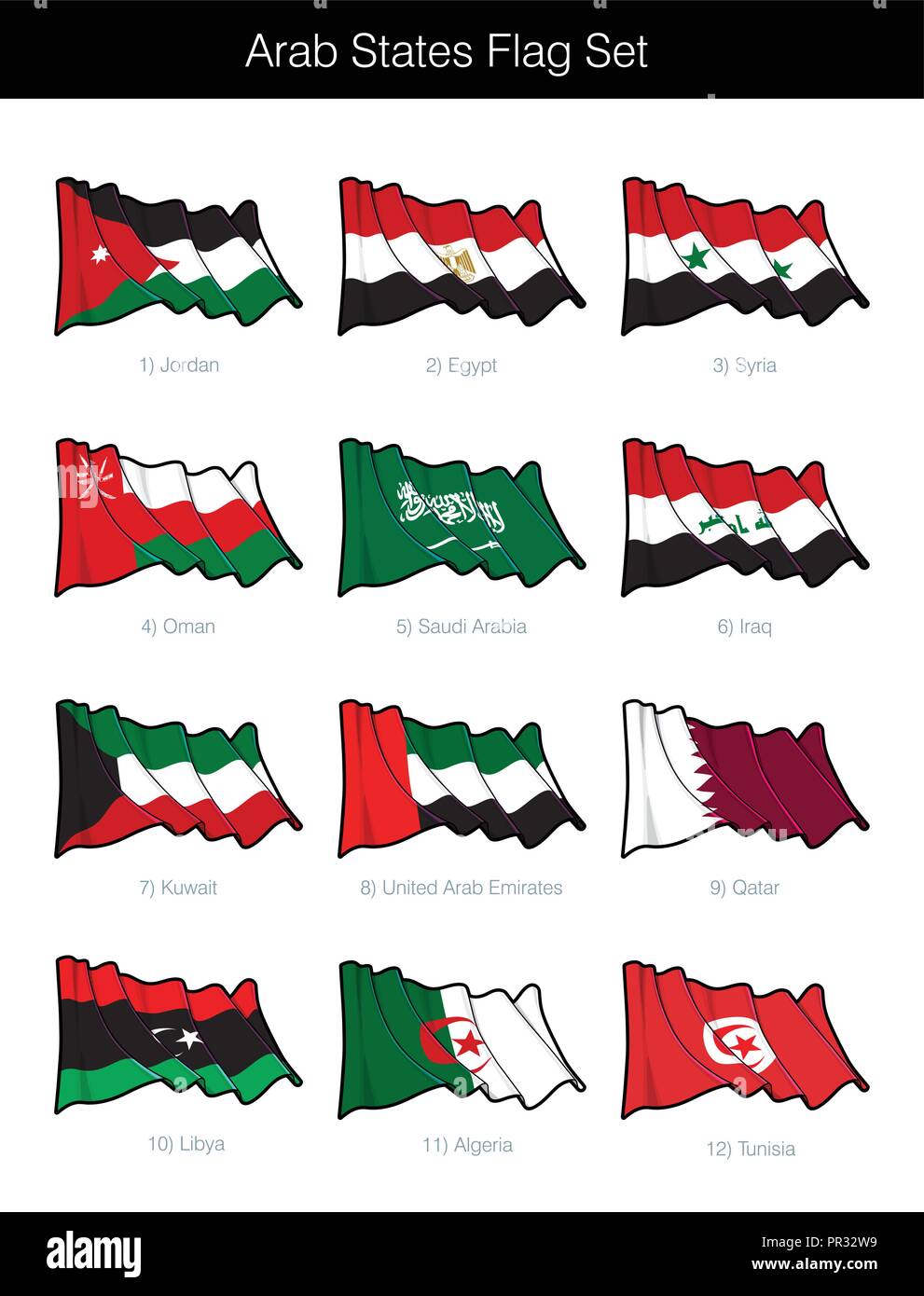 Arab States Waving Flag Set. The set includes the flags of Jordan, Egypt, Syria, Oman, Saudi Arabia, Iraq, Kuwait, UAE, Qatar, Libya, Algeria and Tuni Stock Vector