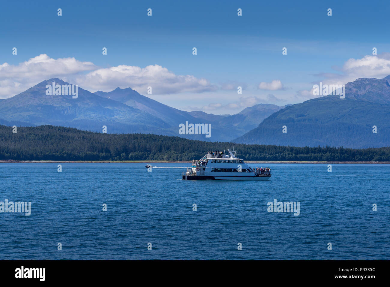 Whale watching boat looking for humpback whales in Auke Bay, Alaska Stock Photo