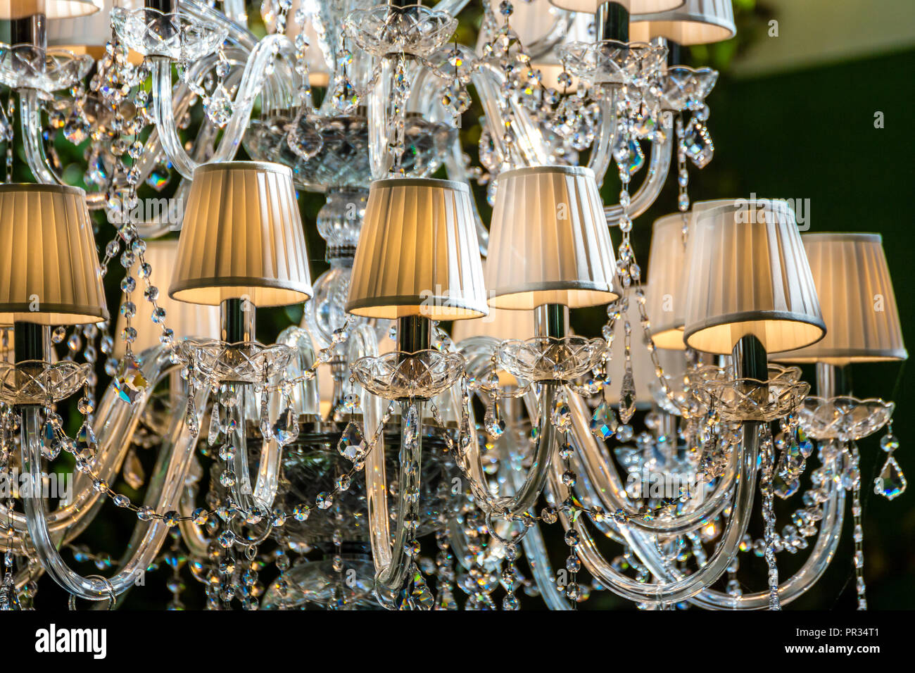 lights on Crystals of vintage chandeliers Stock Photo Alamy
