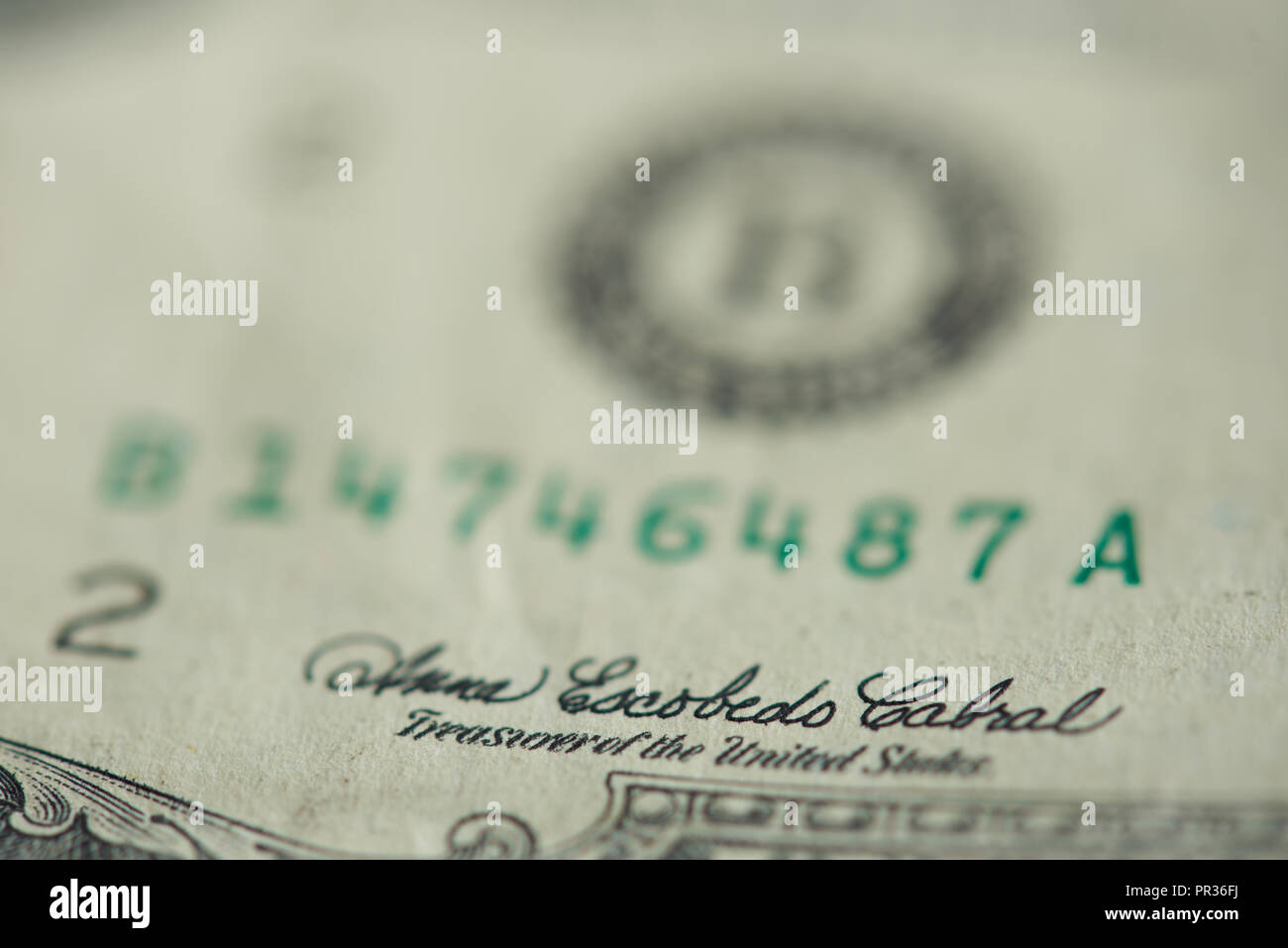 Signature of treasurer on dollar banknote macro close up view Stock Photo