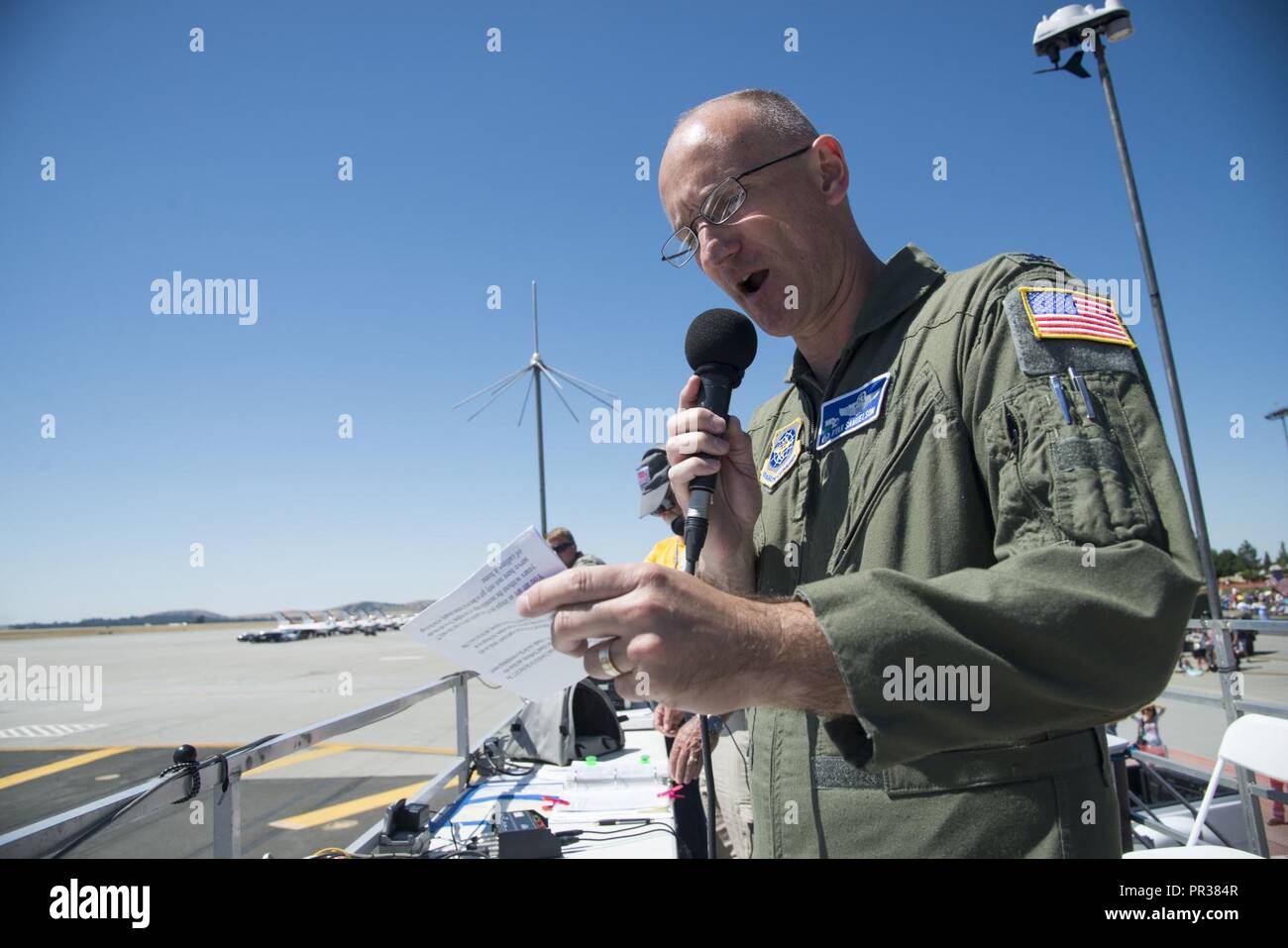Col. Ryan Samuelson, 92nd Air Refueling Wing commander, thanked service members and members of the local community for their support during the SkyFest 2017 Air Show and Open House at Fairchild Air Force Base, Washington. SkyFest was hosted to thank the local and regional community for their support and give them the opportunity to meet Airmen and learn about the Air Force mission. Stock Photo