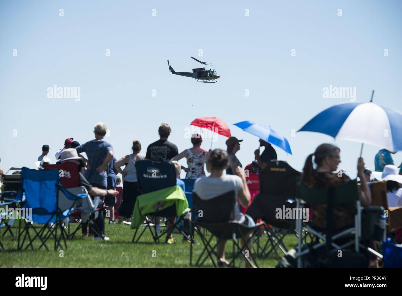 A UH-1N Huey performs during the Skyfest 2017 Air Show and Open House at Fairchild Air Force Base, Washington, July 29, 2017. SkyFest was an opportunity to give the local and regional community a chance to view Airmen and our resources. Stock Photo
