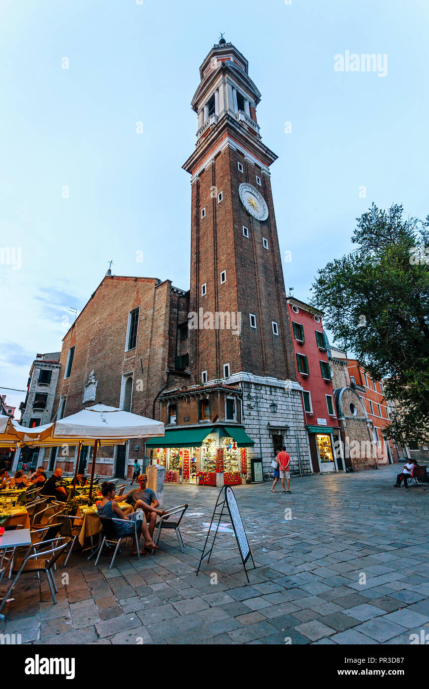 VENICE, ITALY - JULY 03, 2015: Clock Tower of Church of the Holy Apostles of Christ In Venice Stock Photo