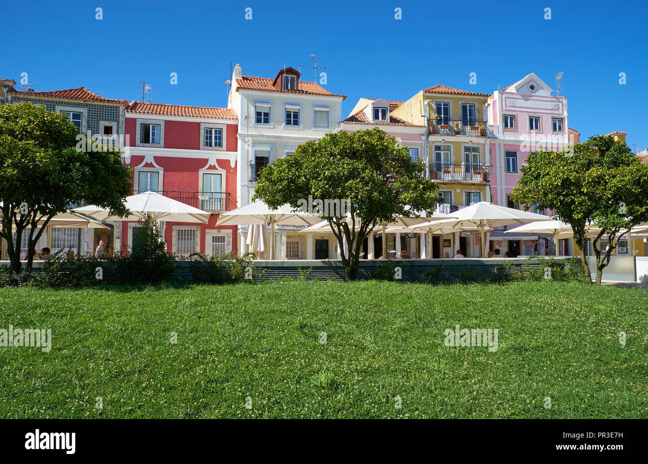 LISBON, PORTUGAL - JULY 02, 2016: The view of the street cafes on the Rua Vieira Portuense in the historical center of Belem. Lisbon. Portugal Stock Photo