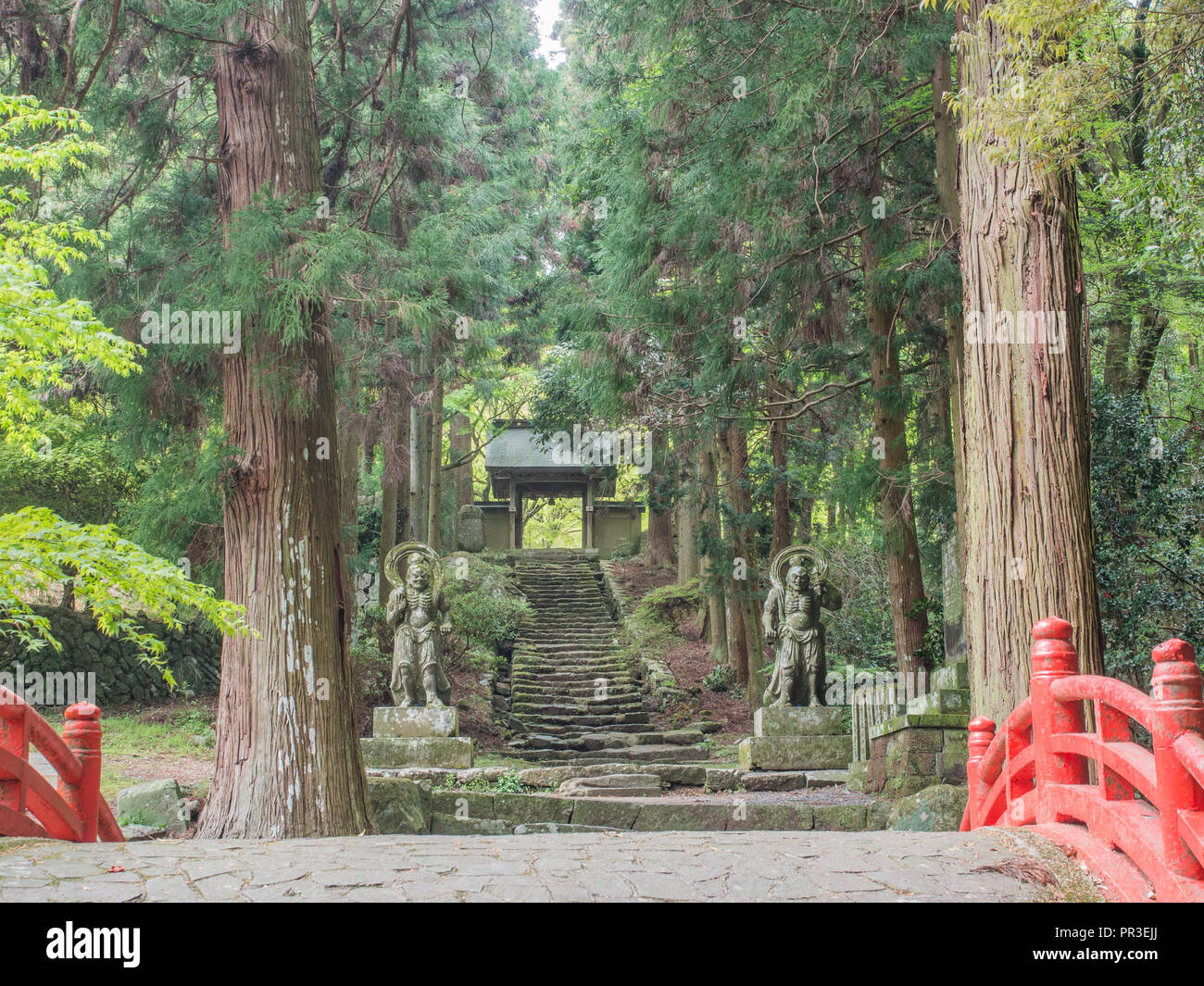 Nio guardians and stone steps, approach to Futagoji temple, Kanisaki, Oita, Kyushu, Japan. Stock Photo