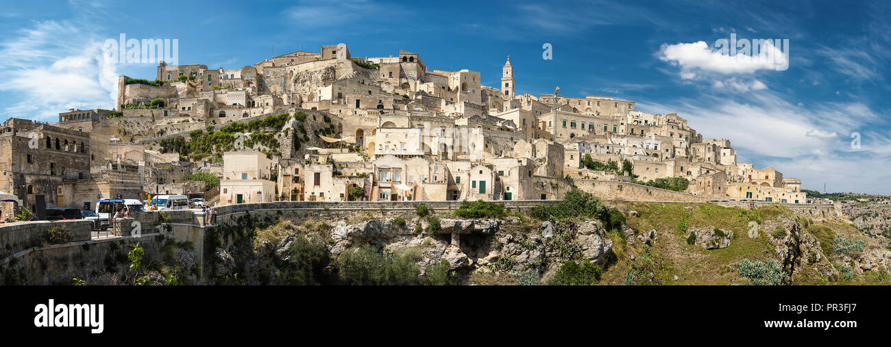Matera, Italy - August 18, 2018: Panorama of the old city of Matera (Colle della Civita), European Capital of Culture 2019 Stock Photo
