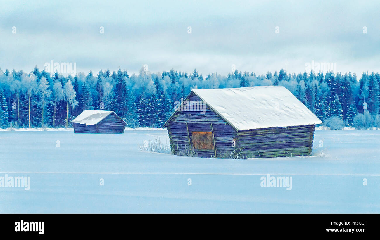 Old Barn Houses In Snow Winter At Christmas In Finland Lapland