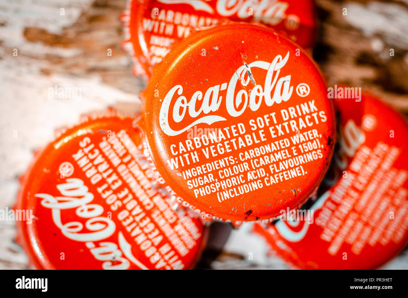Coca-Cola Bottle Tops, Coca-Cola  was first introduced in 1886 in the USA. Stock Photo