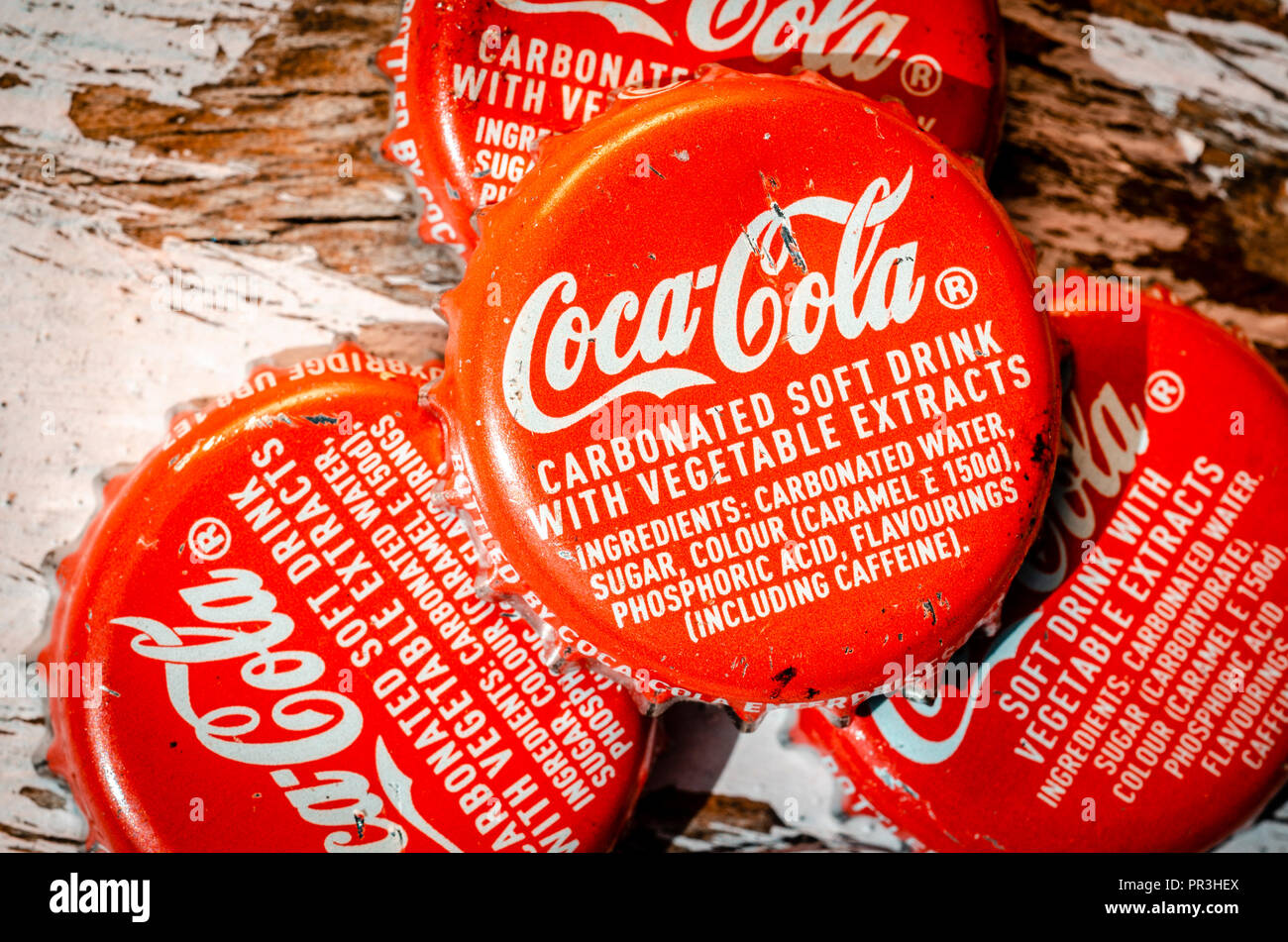 Coca-Cola Bottle Tops, Coca-Cola  was first introduced in 1886 in the USA. Stock Photo