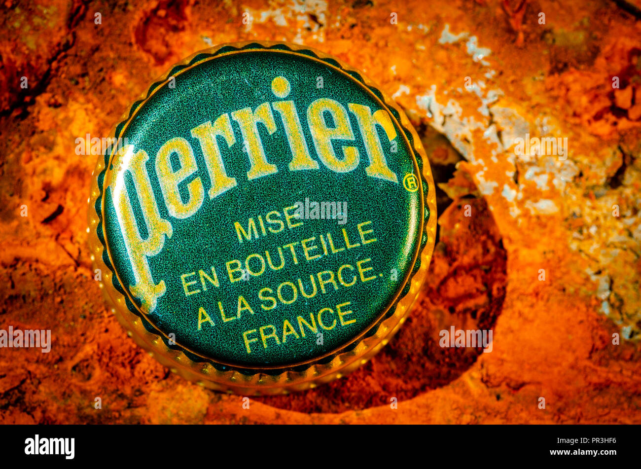 Perrier Bottle Top, Perrier is a French brand of natural mineral water from it's source in Vergeze. Stock Photo