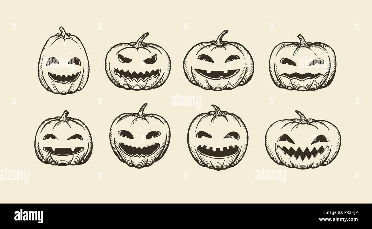 Halloween symbol. set of funny pumpkins, sketch. vintage vector illustration Stock Vector