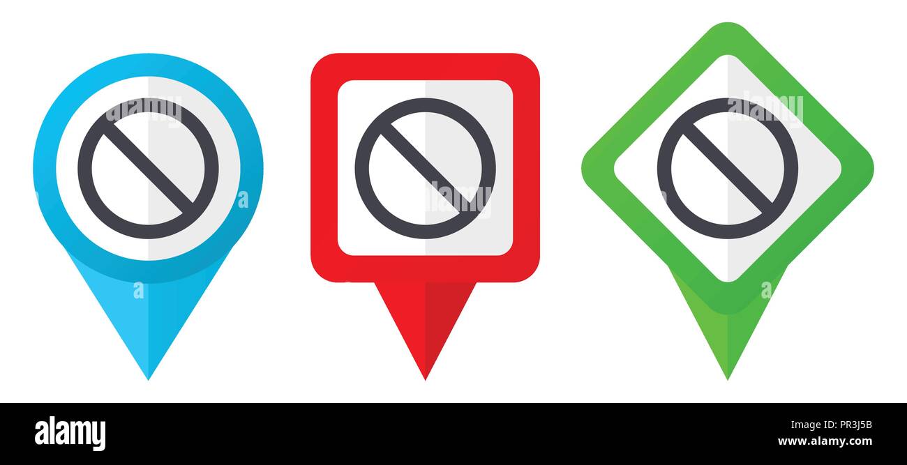 Access denied red, blue and green vector pointers icons. Set of colorful location markers isolated on white background easy to edit. Stock Vector