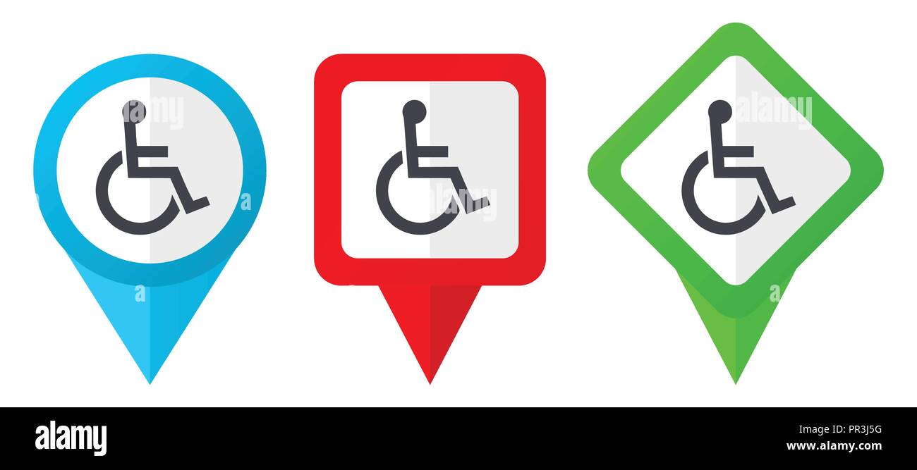 Wheelchair red, blue and green vector pointers icons. Set of colorful location markers isolated on white background easy to edit. Stock Vector