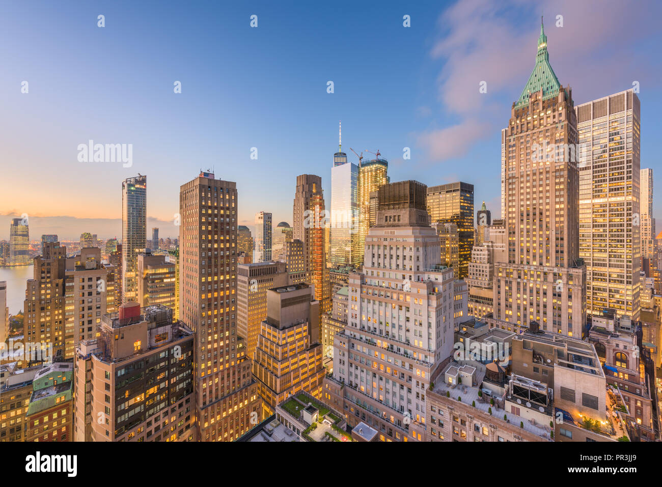 New York, New York, USA Lower Manhattan financial district cityscape from above at twilight. Stock Photo