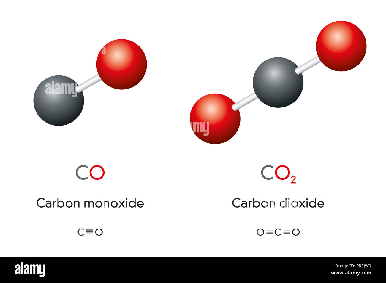 Carbon monoxide CO and carbon dioxide CO2 molecule models and chemical formulas. Gas. Ball-and-stick models, geometric structures and formulas. Stock Photo