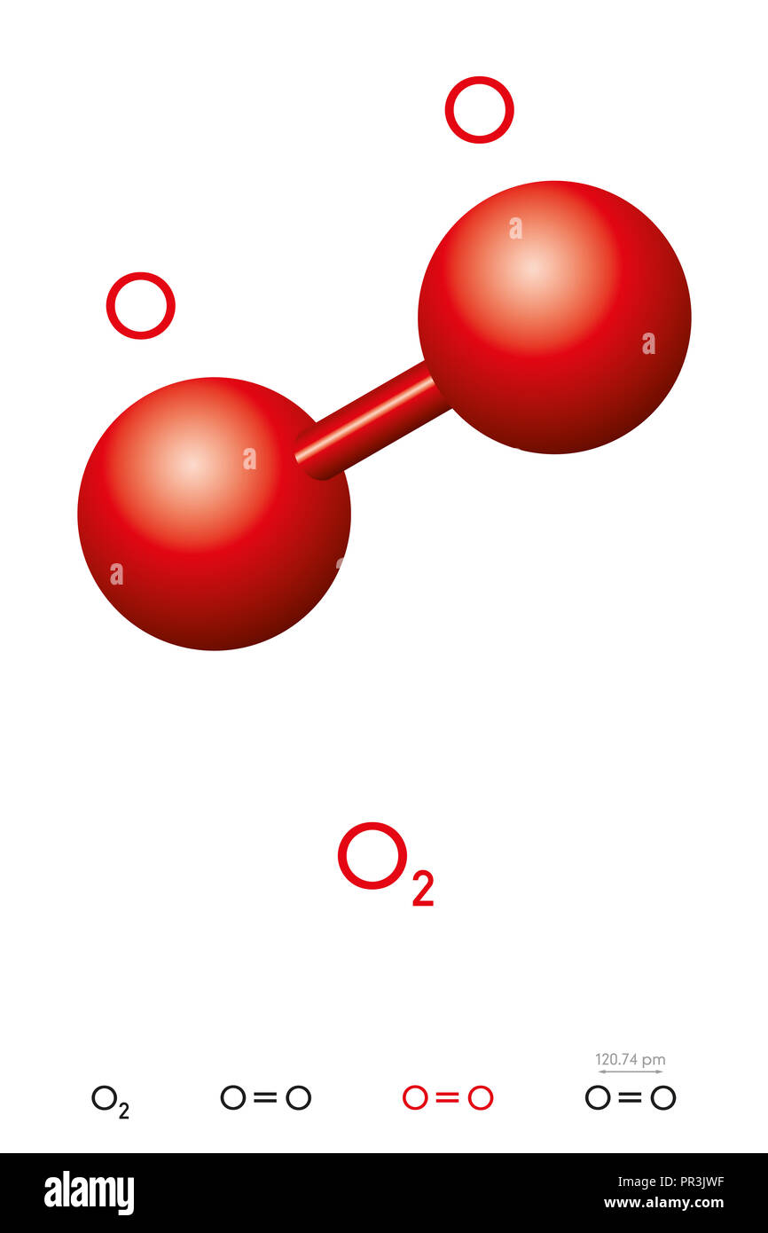 Oxygen, O2, molecule model and chemical formula. Also dioxygen, diatomic or molecular oxygen. Ball-and-stick model, geometric structure and formula. Stock Photo