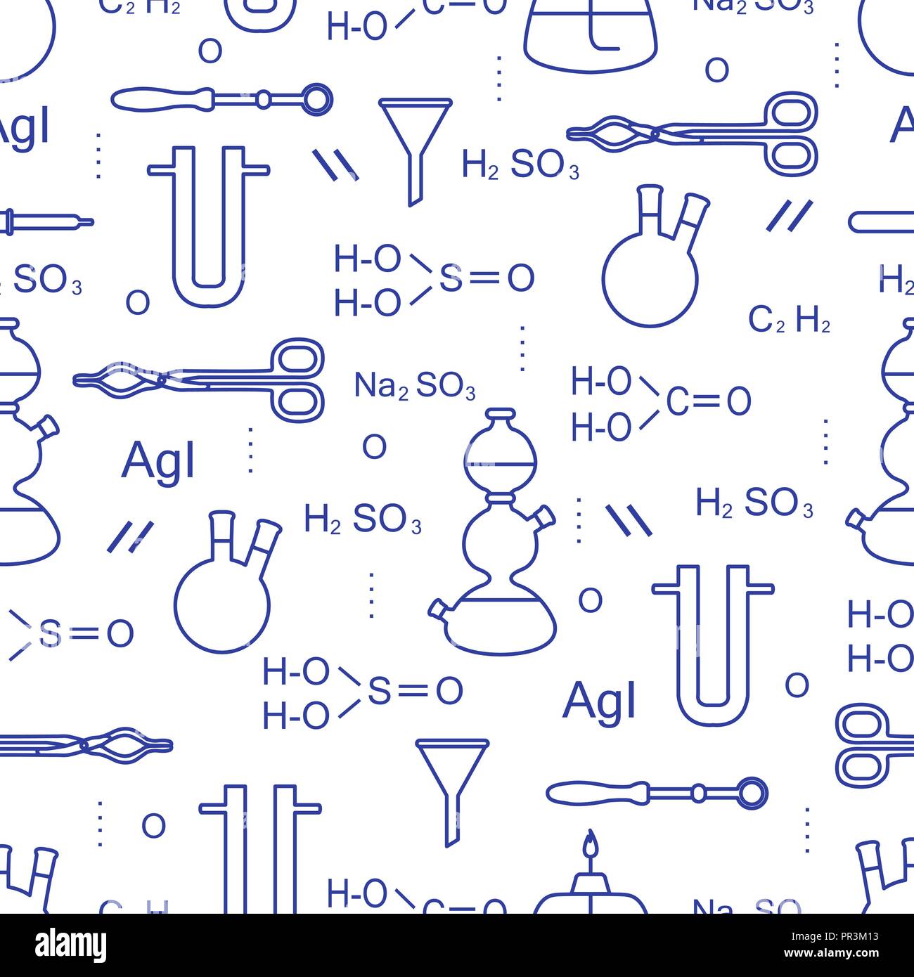 Scientific vector seamless pattern with flasks, burners, funnels, tools ...